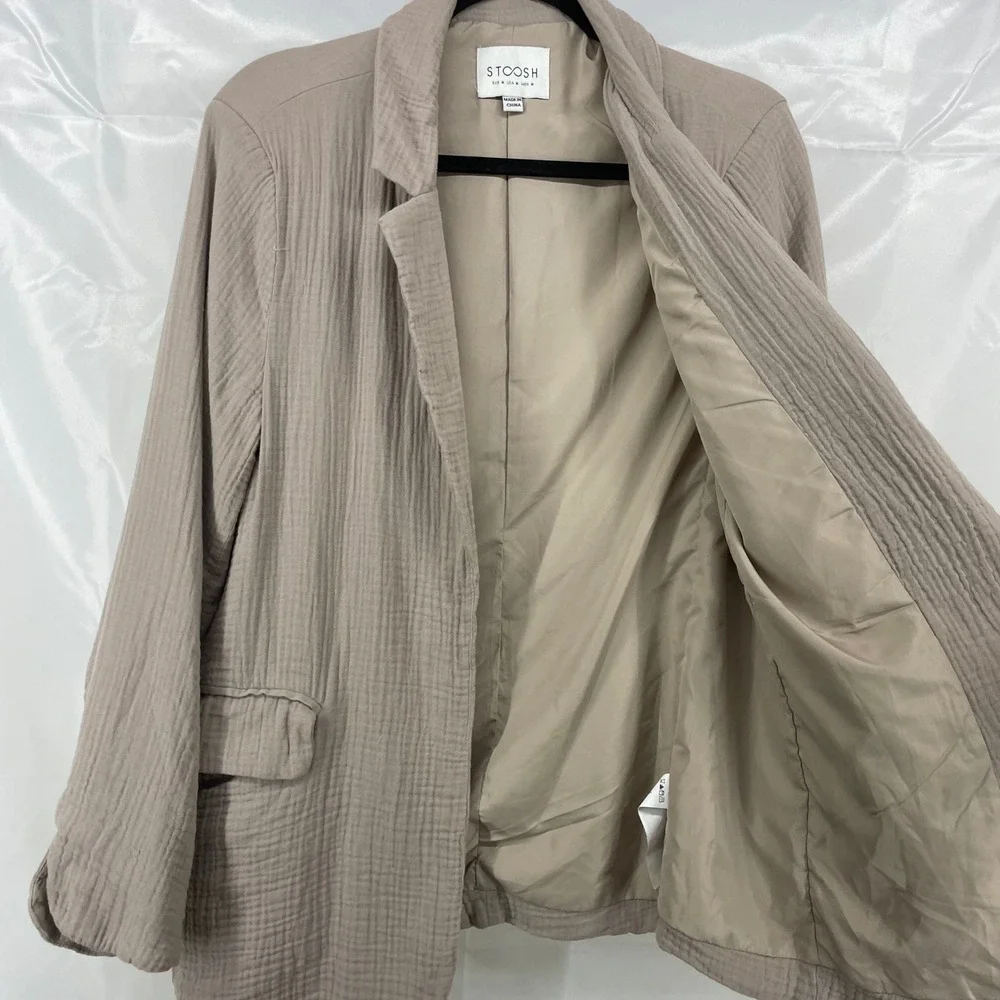 Stoosh Size Medium Blazer Taupe Gauze Textured Open Front Lightweight Womens